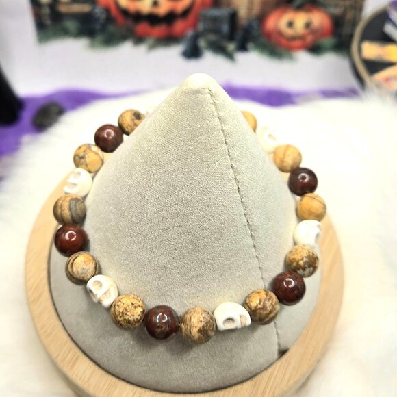 Brecciated and Picture Jasper Skull Spook Gemstone Beaded Bracelet - Picture 6 of 7